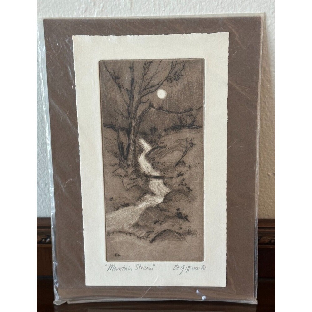 Original Etching Intaglio Ed Gifford Americana Artist Mountain‎ Stream Rustic